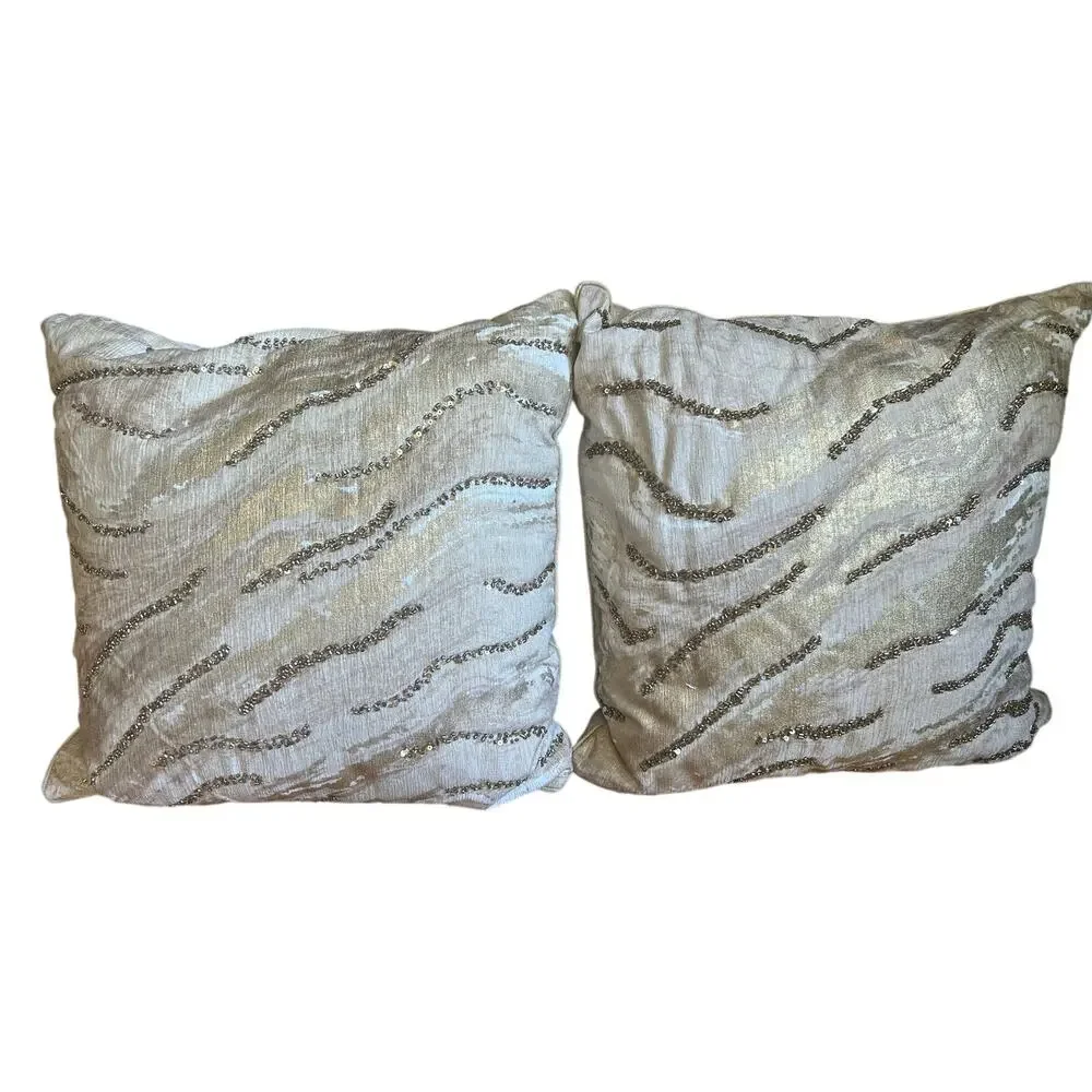 2 Artistic Accents Decorative Ivory Gold White Beaded Throw Pillows